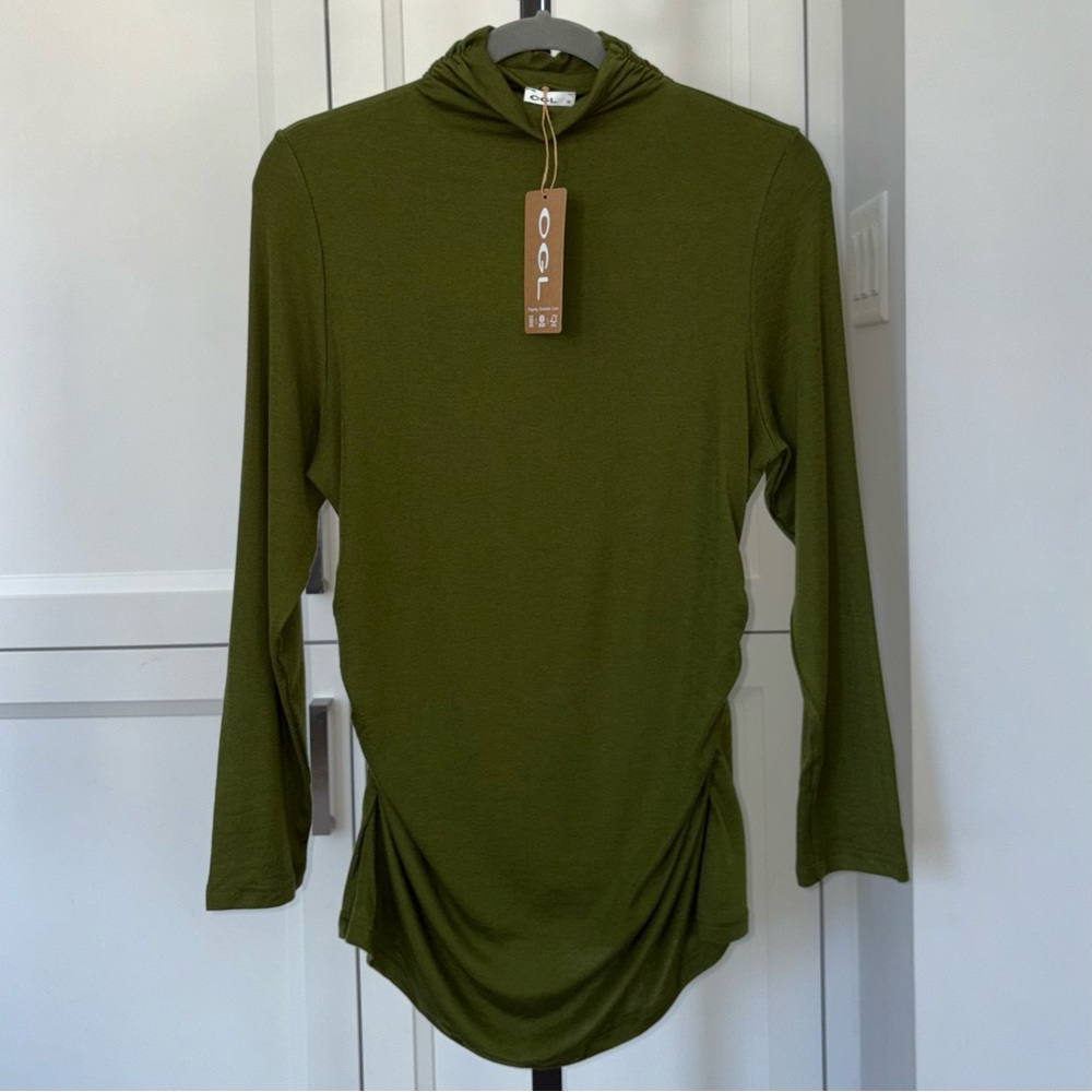OGL Olive Green Cashmere Blend Long Sleeve Ruched Turtleneck Size XL Preppy Chic